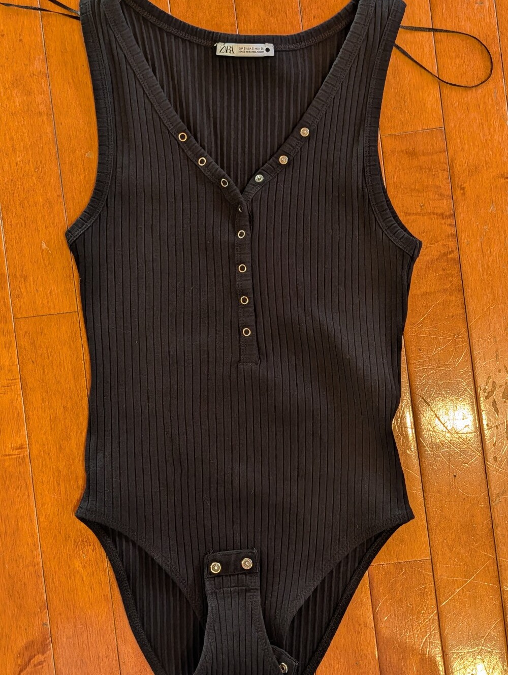 ZARA Black Ribbed Henley Snap Front Sleeveless Bodysuit Sz S
